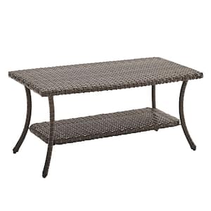 Brown Outdoor Wicker Patio Coffee Table with 2-Layer Storage Furniture Tables for Garden, Porch, Backyard