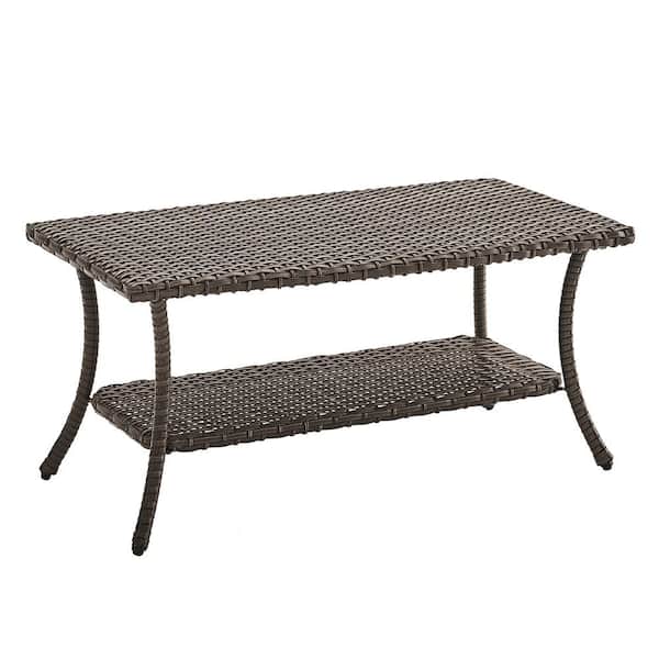 Pocassy Brown Outdoor Wicker Patio Coffee Table with 2-Layer Storage Furniture Tables for Garden, Porch, Backyard