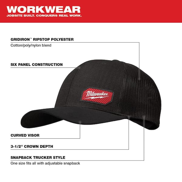 Milwaukee GRIDIRON Black Adjustable Fit Trucker Hat with Large/Extra Large  Gray Fitted Hat (2-Pack) 505B-504G-LXL - The Home Depot
