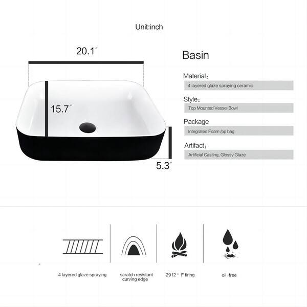 Puluomis Black and White Ceramic Rectangular Vessel Sink in