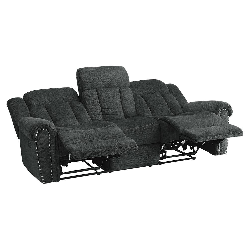 Transitional Charcoal Gray Fabric Reclining Sofa with Nailhead Accents