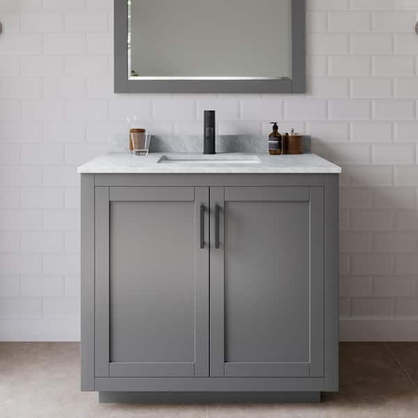 Wyndham Collection Miranda 36 in. W Single Bath Vanity in Dark Gray with Marble Vanity Top in White Carrara with White Basin and Mirror
