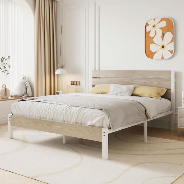 Full Bed Frame with Brown Wood Headboard and Footboard, No Box Spring Needed, Strong Metal Slats Support Platform Bed