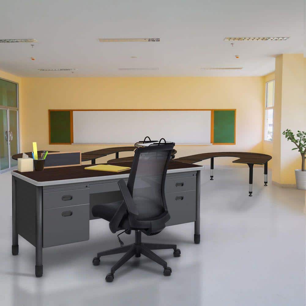 Mesa 60 in. Neo Walnut Steel Double Pedestal Teacher's Office Desk with Center Drawer