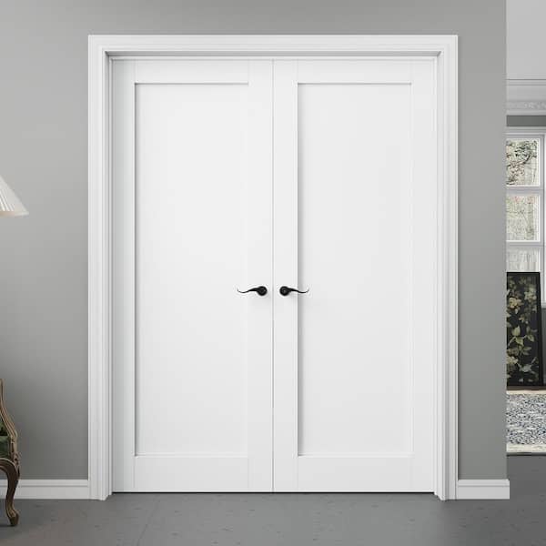 60 in. x 80 in. Universal 1-Panel No Frosted Glass White Solid Core Wood Assembly Required Double Prehung French Door