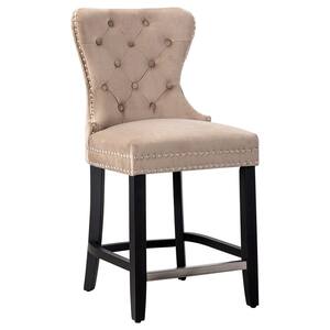 Harper 24 in. High Back Nail Head Trim Button Tufted Taupe Velvet Counter Stool with Solid Wood Frame in Black