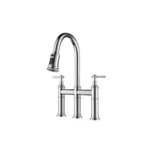 Hot and Cold Double Handle Brass Bridge Kitchen Faucet with Pull-Down Spray Head in Polished Chrome