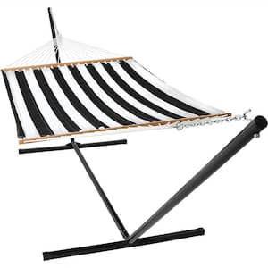 10-1/2 ft. Quilted Fabric Hammock with 15 ft. Hammock Stand in Black and White