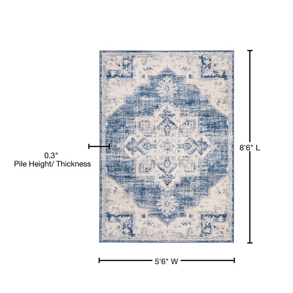 Ivory and Navy Classic Synthetic Round Rug, 6' x 9', Stain-Resistant
