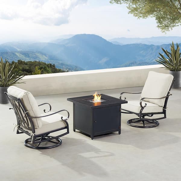 Oakland Living Black Aluminum Fire Table Bistro Set with 2-Club Chairs