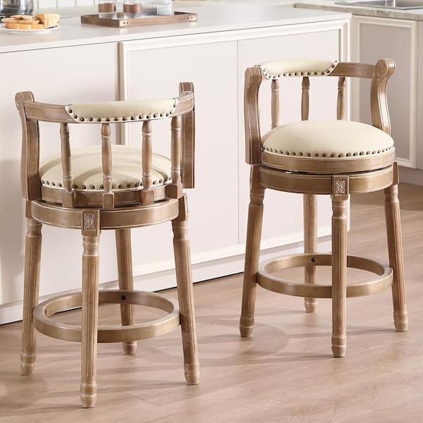 Pound 33.9 in. H Beige Solid Wood Bar Stool with Genuine Leather Seat, Swivel Counter Height Chair with Back (1 Pack)