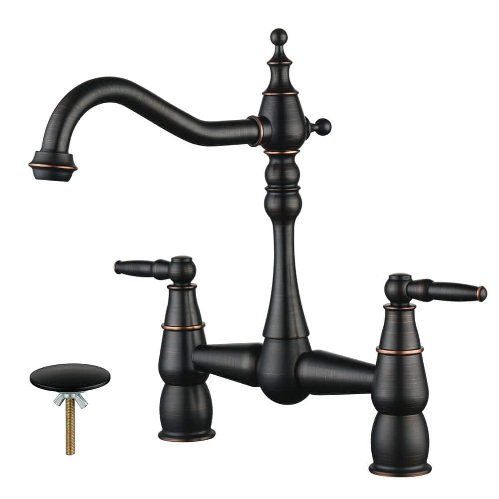 ALEASHA Double Handle Bridge Kitchen Faucet with Sink Hole Cover in Oil Rubbed Bronze AL1A71RB