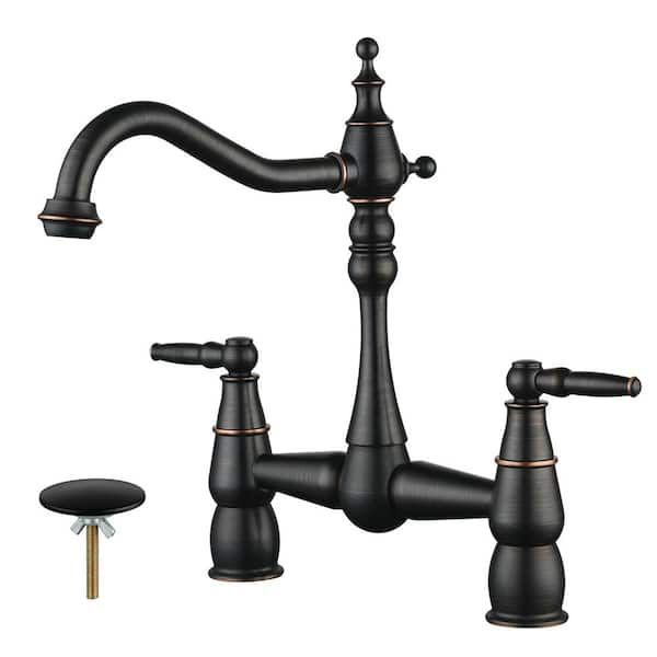 ALEASHA Double Handle Bridge Kitchen Faucet With Sink Hole Cover In Oil   Oil Rubbed Bronze Bridge Kitchen Faucets Al 1a71rb 64 600 