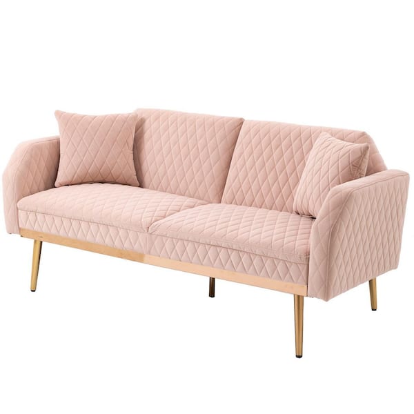 Angel Sar 66.14 in. Pink Velvet 2-Seater Loveseat with Adjustable Backrest and 2 Pillows