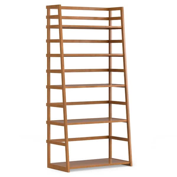 Simpli Home Acadian Solid Wood 63 in. x 30 in. Light Golden Brown with 5-Shelves Transitional Ladder-Shelf Bookcase