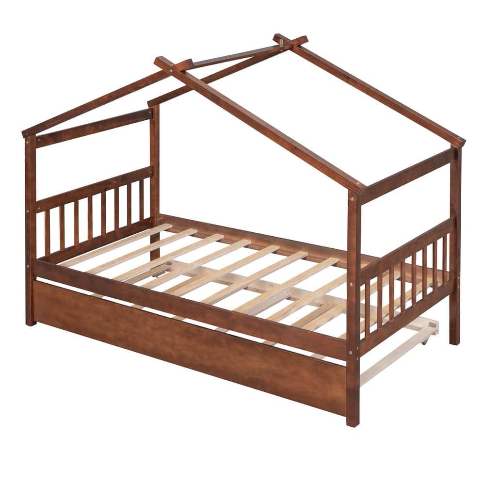 URTR HouseShaped Walnut Twin Bed with Trundle Wooden Twin House Bed