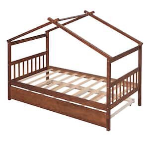 House-Shaped Walnut Twin Bed with Trundle Wooden Twin House Bed for Kids Platform Bed Frame With Headboard and Footboard