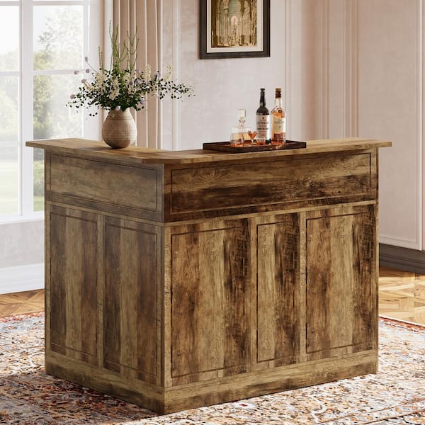 Kearsten Brown 46.5 in. Bar Cabinet, L-Shaped Home Bar Table with Stemware Racks, 4-Tier Corner Bar Unit for Home Pub