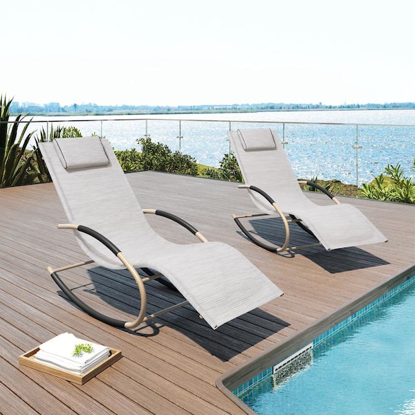 Pellebant 2-Piece Khaki Metal Patio Outdoor Rocking Chairs with Headrest in White Gray