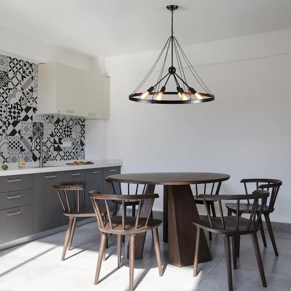 8-Light Black Circle Wagon Wheel Chandelier Linear Sputnik Chandelier Lighting for Kitchen Island