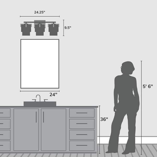 Hunter - Ontario 24.25 in. 3-Light Matte Black Vanity Light with Clear Ribbed Glass Shades