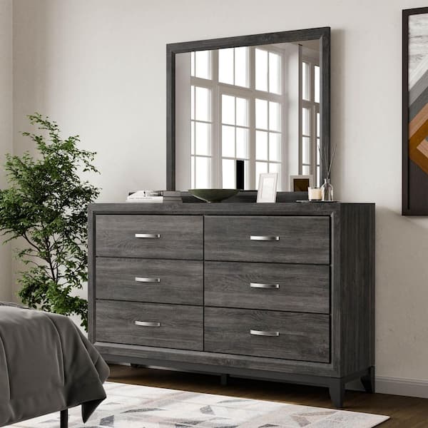Loom Gray 6-Drawer 58 in. Dresser with Mirror and Two-Tone Design Loom Gray 6-Drawer 58 in. Dresser with Mirror and Two-Tone Design