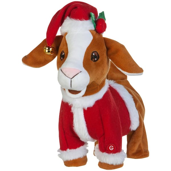 Home Accents Holiday 9.84 in. Christmas Animated Plush Baby Goat in Santa Outfit