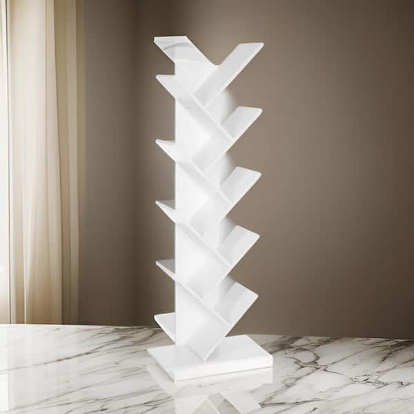 Benjara 55.19 in. Tall White Wood 8-Shelf Standard Bookcase with Tree-style Branched Design