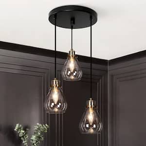 Modern Black and Brass Chandelier 3-Light Height Adjustable Ceiling Light with Teardrop Clear Glass Shades