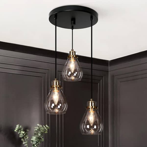 Uolfin Modern Black and Brass Chandelier 3-Light Height Adjustable Ceiling Light with Teardrop Clear Glass Shades