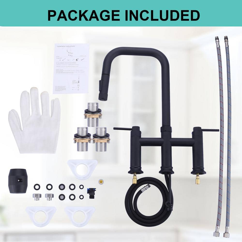 ARCORA AR7401402B 3 Holes Brass Double Handle Bridge Kitchen Faucet With 2-Mode Pull Down Sprayer And Supply Lines