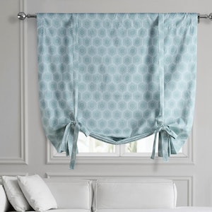 Honeycomb Ripple Aqua Blue Printed Cotton 46 in. W x 63 in. L Room Darkening Rod Pocket Tie-Up Window Shade (1 Panel)