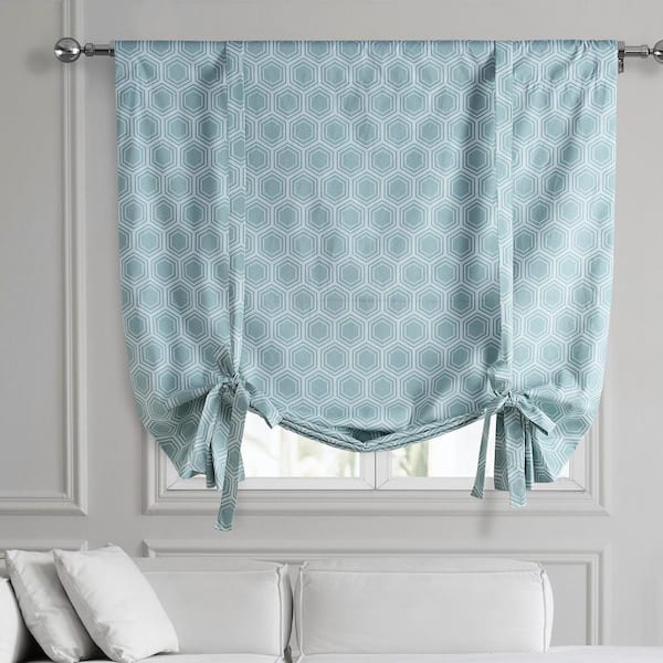 Exclusive Fabrics & Furnishings Honeycomb Ripple Aqua Blue Printed Cotton 46 in. W x 63 in. L Room Darkening Rod Pocket Tie-Up Window Shade (1 Panel)