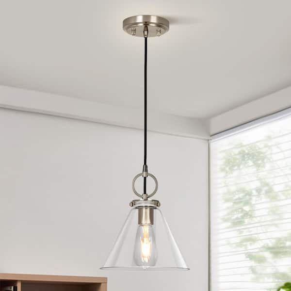 Jasslynn 60-Watts 1-Light Nickel Pendant Light with Clear Cone Glass Shade, 9.05 in. Hanging Light Dining Room, Kitchen