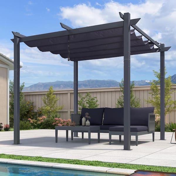 PURPLE LEAF 10 ft. x 10 ft. Dark Gray Aluminum Frame Patio Pergola Gazebo with Blue Retractable Sunshade Canopy and Extra Top Roof