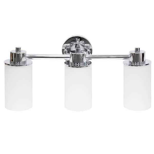 Simple Designs 20.75 in. 3-Light Chrome Modern Metal and Milk White Shades with Circled Backplate Decorative Vanity Light