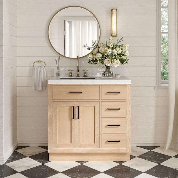 Hepburn 36 in. Single Sink Freestanding Bathroom Vanity in Oak with Carrara White Quartz Top