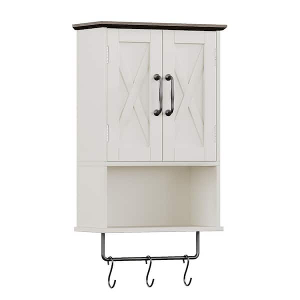 15 in. W x 22 in. H Rectangular Beige Wood Surface Mount Medicine Cabinet without Mirror with Towel Bar, 3 Hooks, Shelf