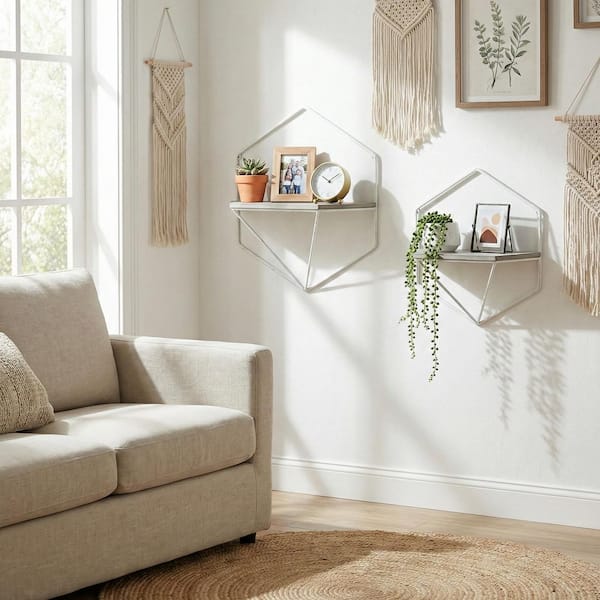 17 in. x 7 in. White/Gray Wood Hexagon Decorative Wall Shelf (Set of 2)