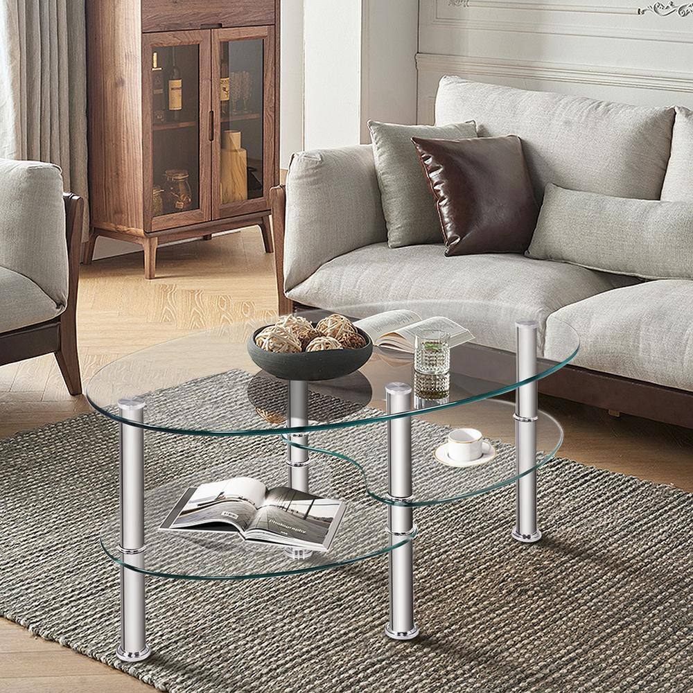 Transparent Oval Tempered Glass Coffee Table with Metal Legs