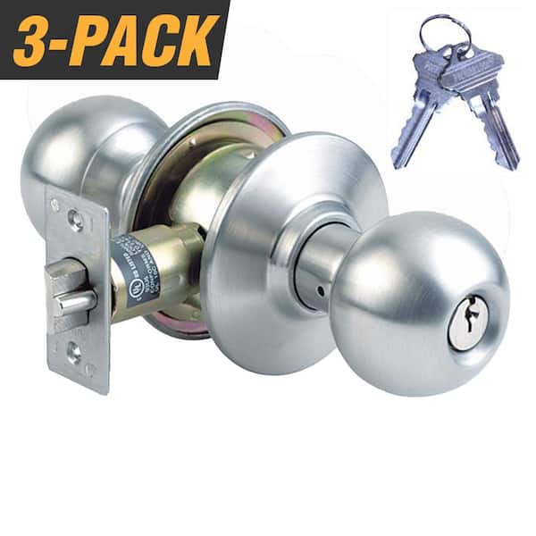 Premier Lock Stainless Steel Grade 2 Entry Door Knob with 6 SC1 Keys (3-Pack, Keyed Alike)