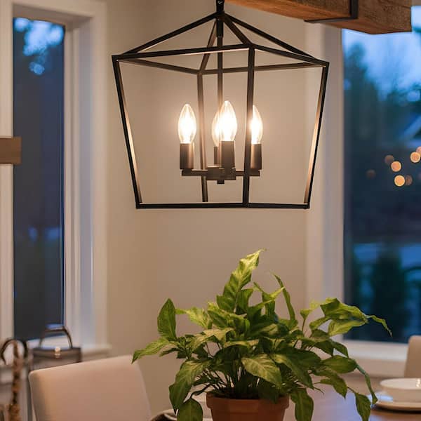 4-Light Black Farmhouse Chandelier, Vintage Metal Lantern Pendant Foyer Kitchen Island