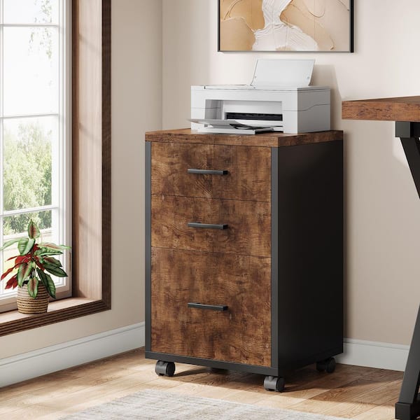 Atencio 3-Drawer Brown Wood 16 in. W Vertical File Cabinet Office Filing Cabinet Rolling Printer Stand (Brown)