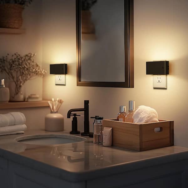 6-Pack 1W Plug-in Light Control Night Light Horizontal with Up and Down Light Black Warm 3000K Sliding Dimmer 0%-100%