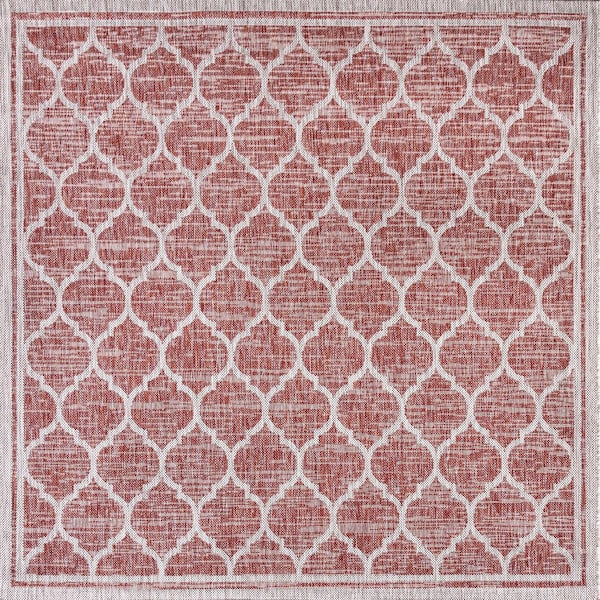 Trebol Red/Beige 5 ft. Moroccan Trellis Textured Weave Indoor/Outdoor Square Area Rug