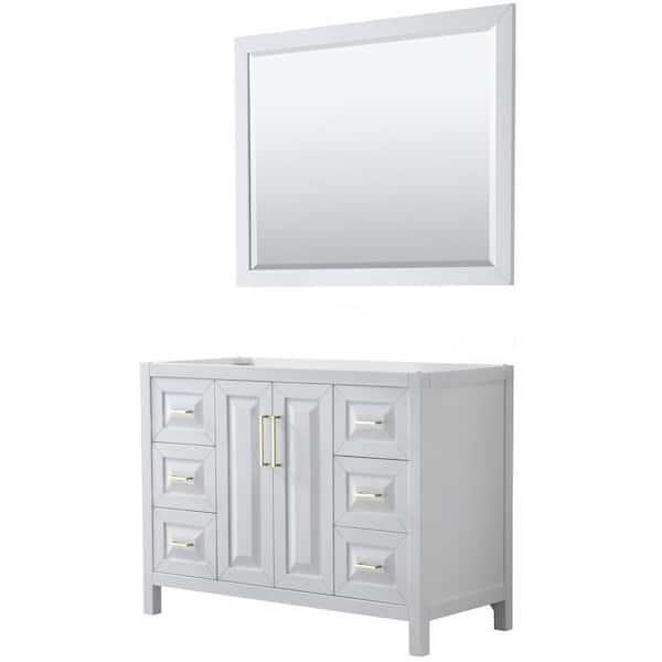 Wyndham Collection Daria 47 in. W x 21.5 in. D x 35 in. H Bath Vanity Cabinet without Top in White with Gold Trim and 46 in. Mirror