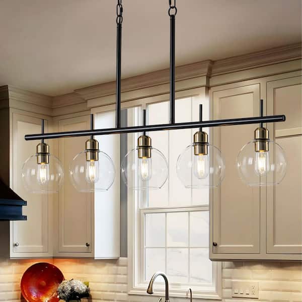5-Light Antique Gold Industrial Linear Chandelier Clear Glass for Kitchen Island and Dining Room