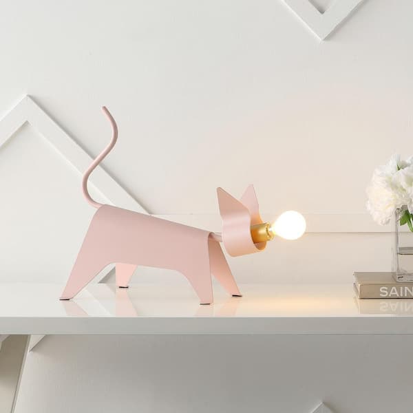 JONATHAN Y Penelope 11.75 in. Modern Industrial Iron Feline LED Kids' Lamp, Pink