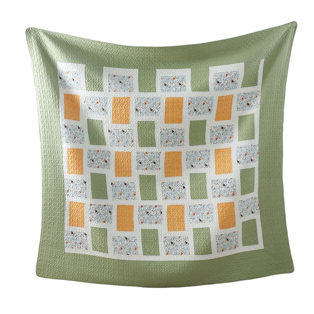 Green and Multicolor Cotton Patchwork Queen Quilt Set
