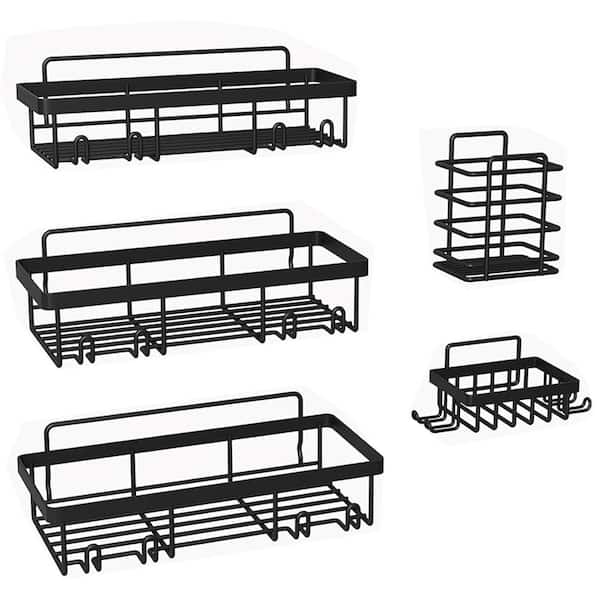5-Piece Shower Caddy Basket Set in Black, Wall Mounted Organizer Rack Storage for Bathroom, Kitchen